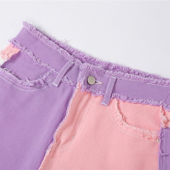 Patchwork Contrast High Waist Pants Denim Jeans - Picture 9 of 16